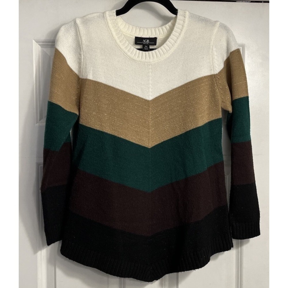AGB Women Sz PM Striped Knit Sweater Long Sleeve Pointed Hem Acrylic